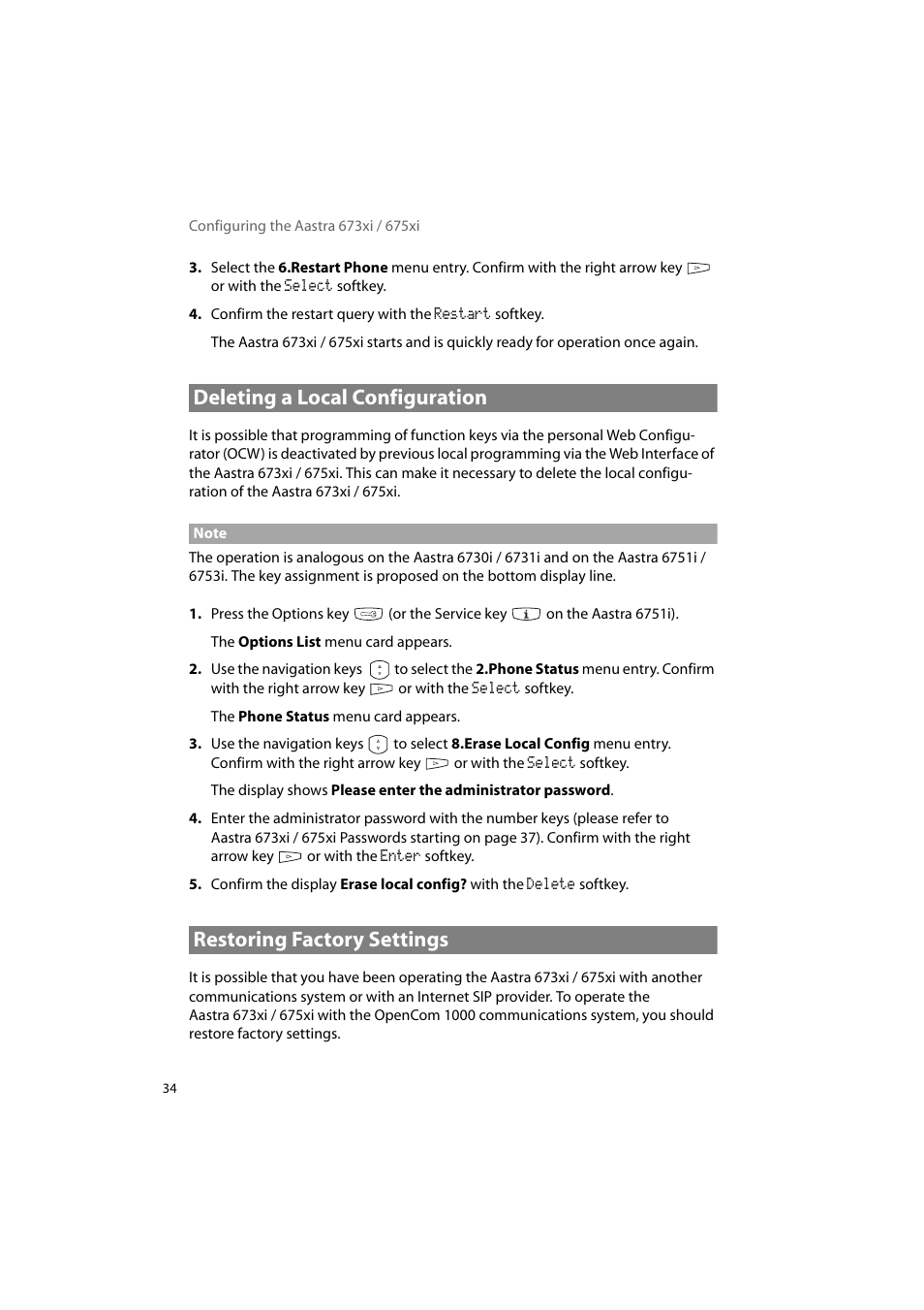 Deleting a local configuration, Restoring factory settings | AASTRA 6700i for OpenCom 1000 User Guide EN User Manual | Page 38 / 48
