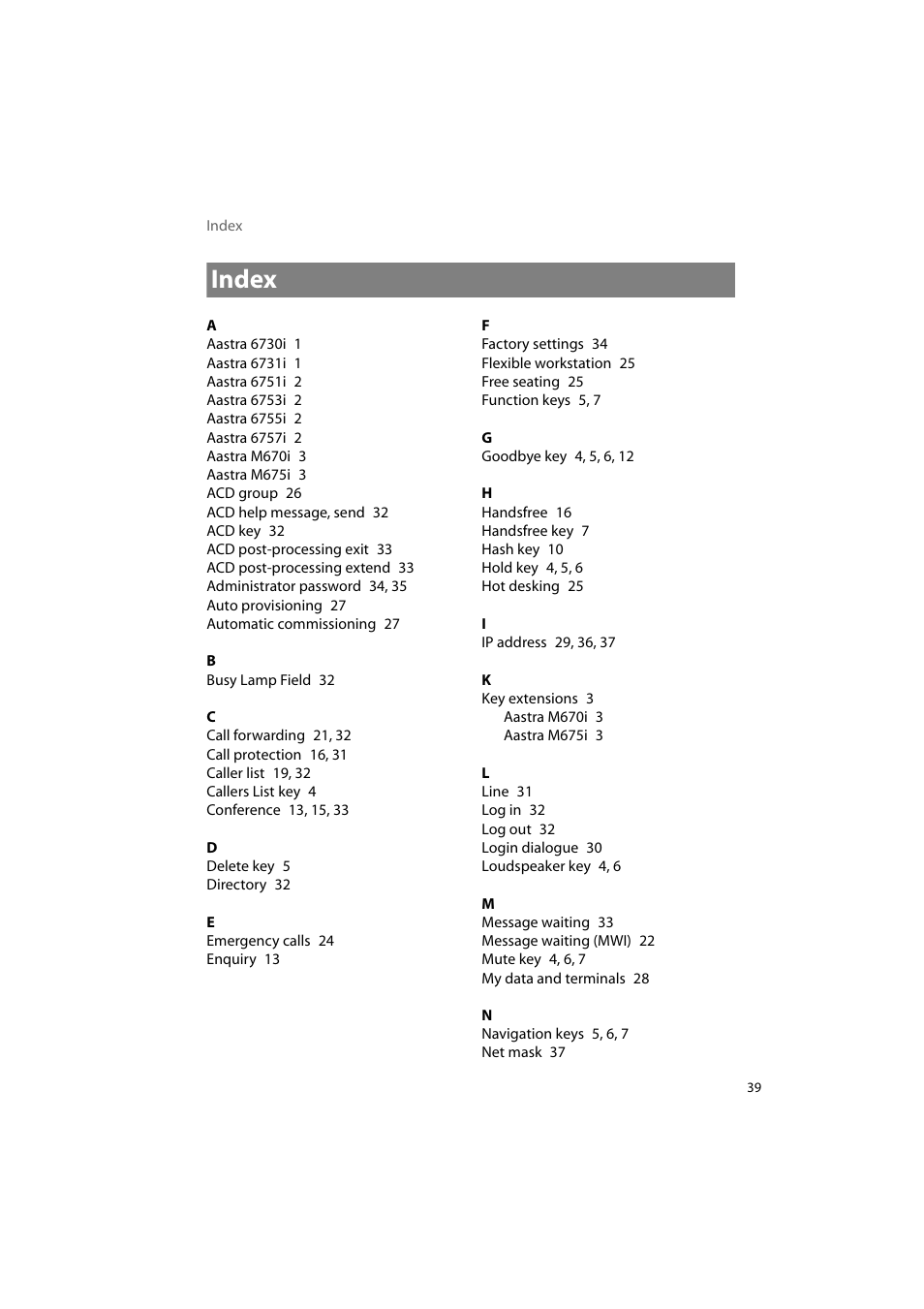 Index | AASTRA 6700i for OpenCom 1000 User Guide EN User Manual | Page 43 / 48