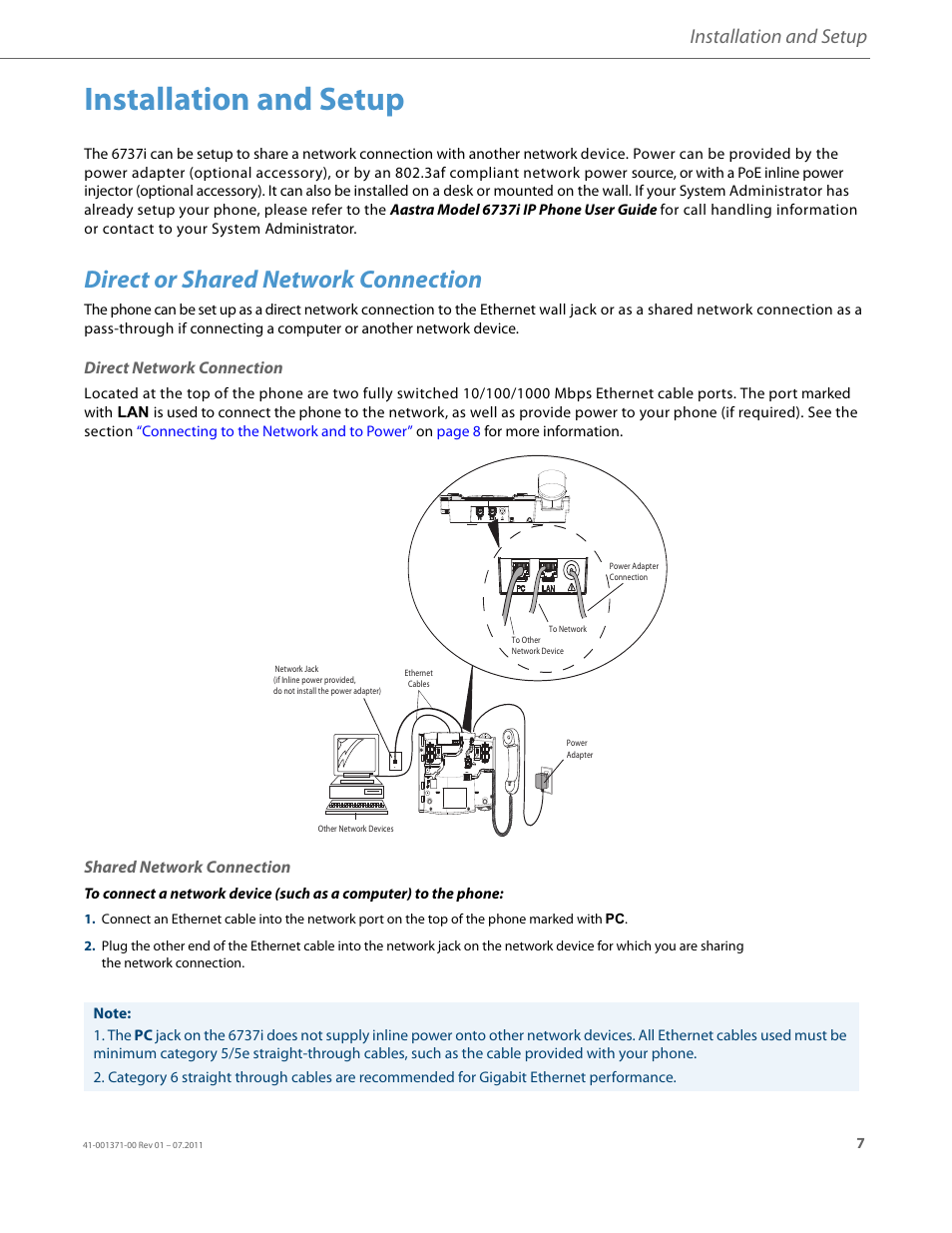 Installation and setup, Direct or shared network connection, Direct network connection | Shared network connection | AASTRA 6737i Installation Guide EN User Manual | Page 11 / 28