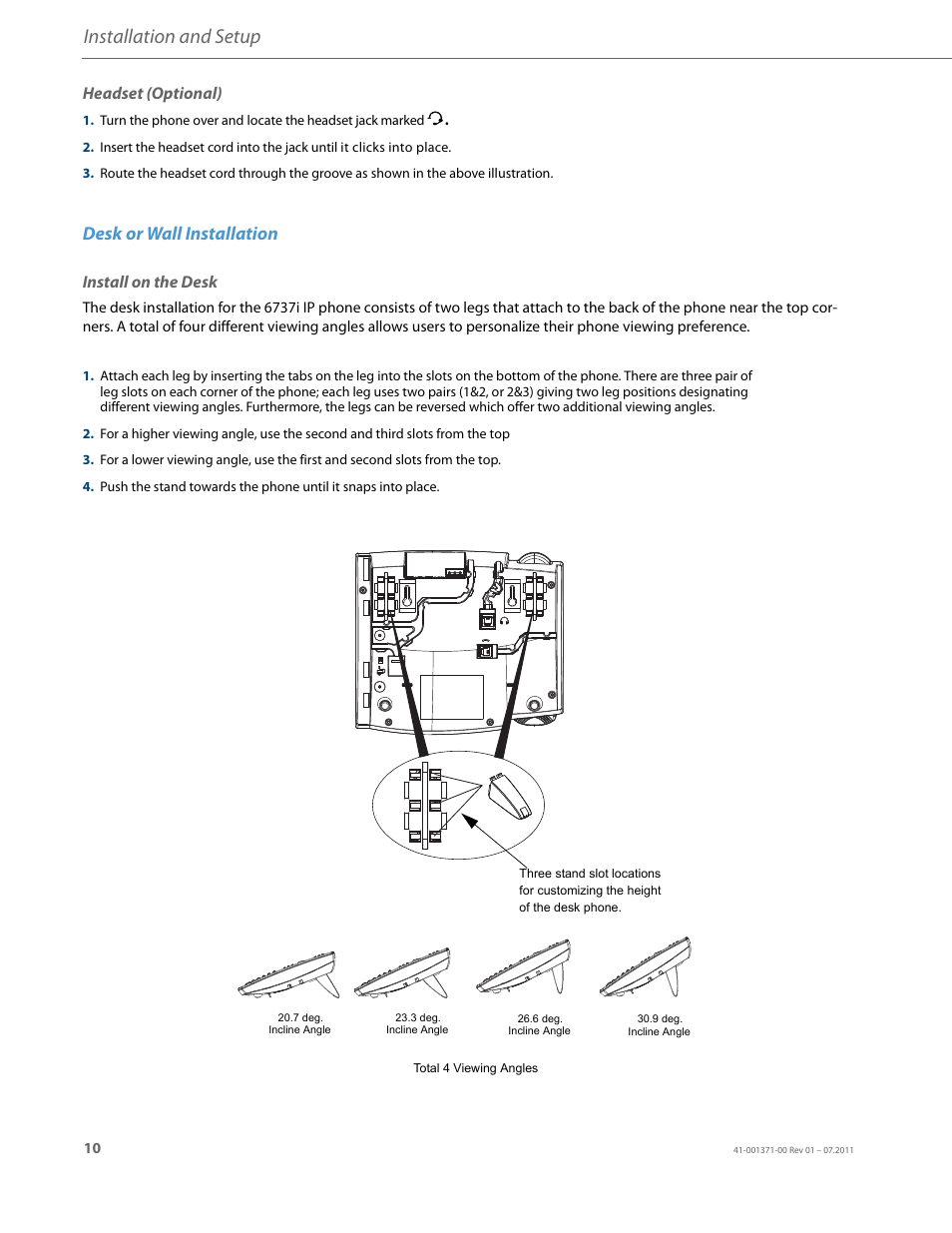 Headset (optional), Desk or wall installation, Install on the desk | Installation and setup | AASTRA 6737i Installation Guide EN User Manual | Page 14 / 28