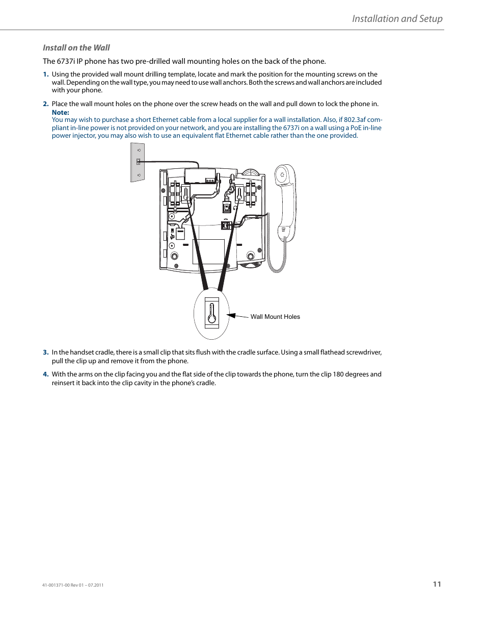 Install on the wall, Installation and setup | AASTRA 6737i Installation Guide EN User Manual | Page 15 / 28
