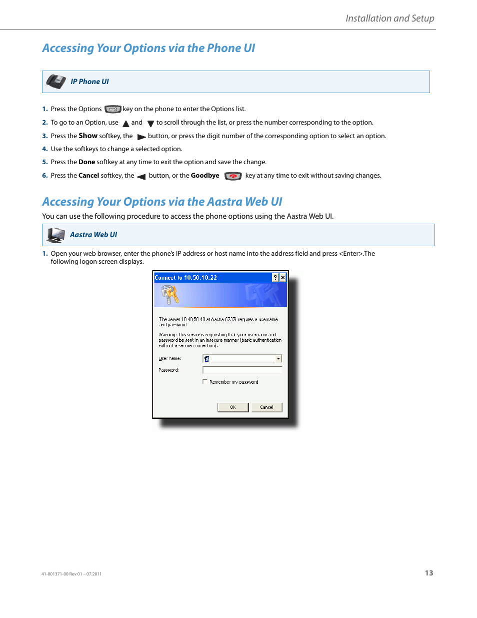 Accessing your options via the phone ui, Accessing your options via the aastra web ui, Installation and setup | AASTRA 6737i Installation Guide EN User Manual | Page 17 / 28
