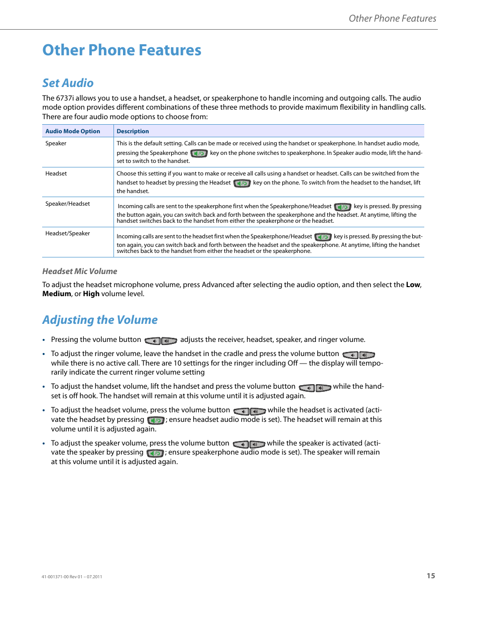 Other phone features, Set audio, Headset mic volume | Adjusting the volume | AASTRA 6737i Installation Guide EN User Manual | Page 19 / 28