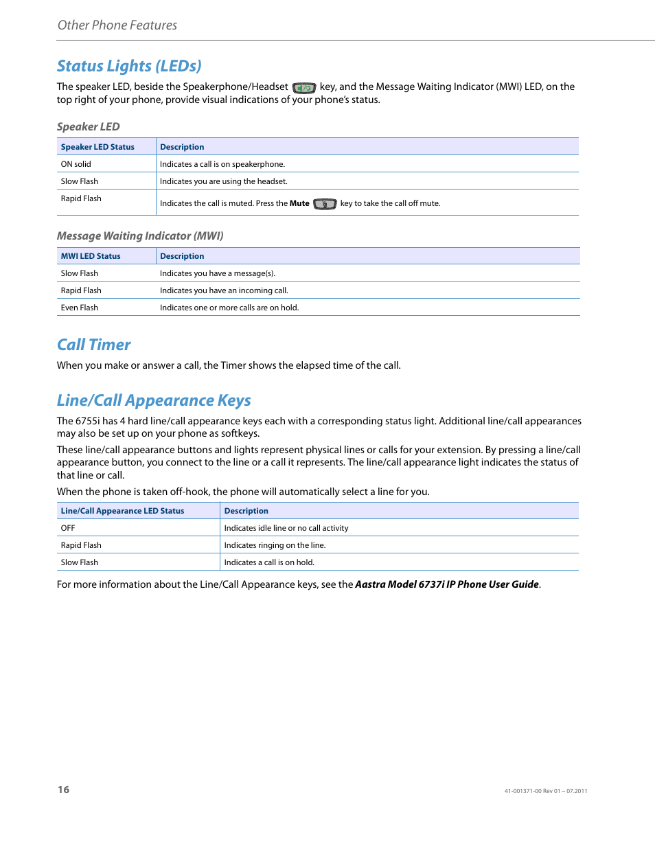 Status lights (leds), Speaker led, Message waiting indicator (mwi) | Call timer, Line/call appearance keys, Other phone features | AASTRA 6737i Installation Guide EN User Manual | Page 20 / 28