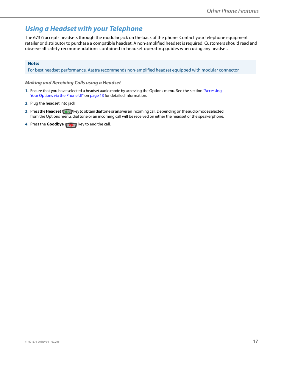 Using a headset with your telephone, Making and receiving calls using a headset, Other phone features | AASTRA 6737i Installation Guide EN User Manual | Page 21 / 28