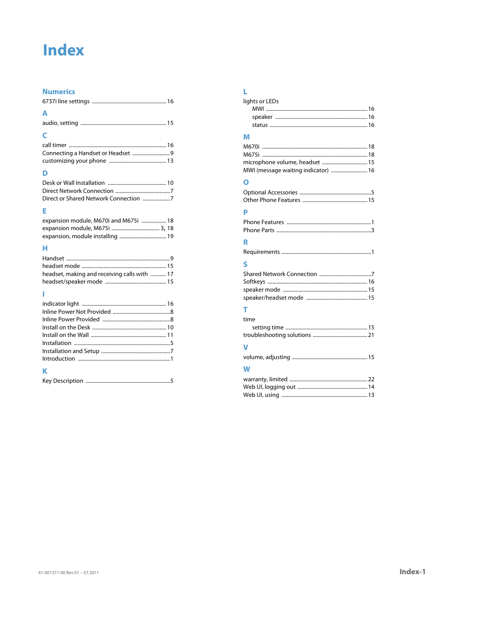 Index, Inde | AASTRA 6737i Installation Guide EN User Manual | Page 27 / 28