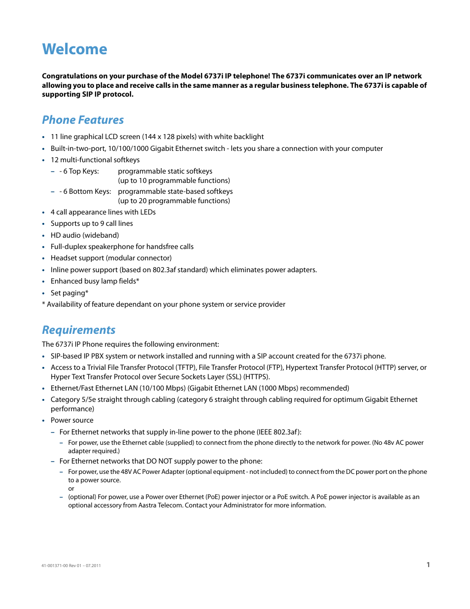 Welcome, Phone features, Requirements | AASTRA 6737i Installation Guide EN User Manual | Page 5 / 28