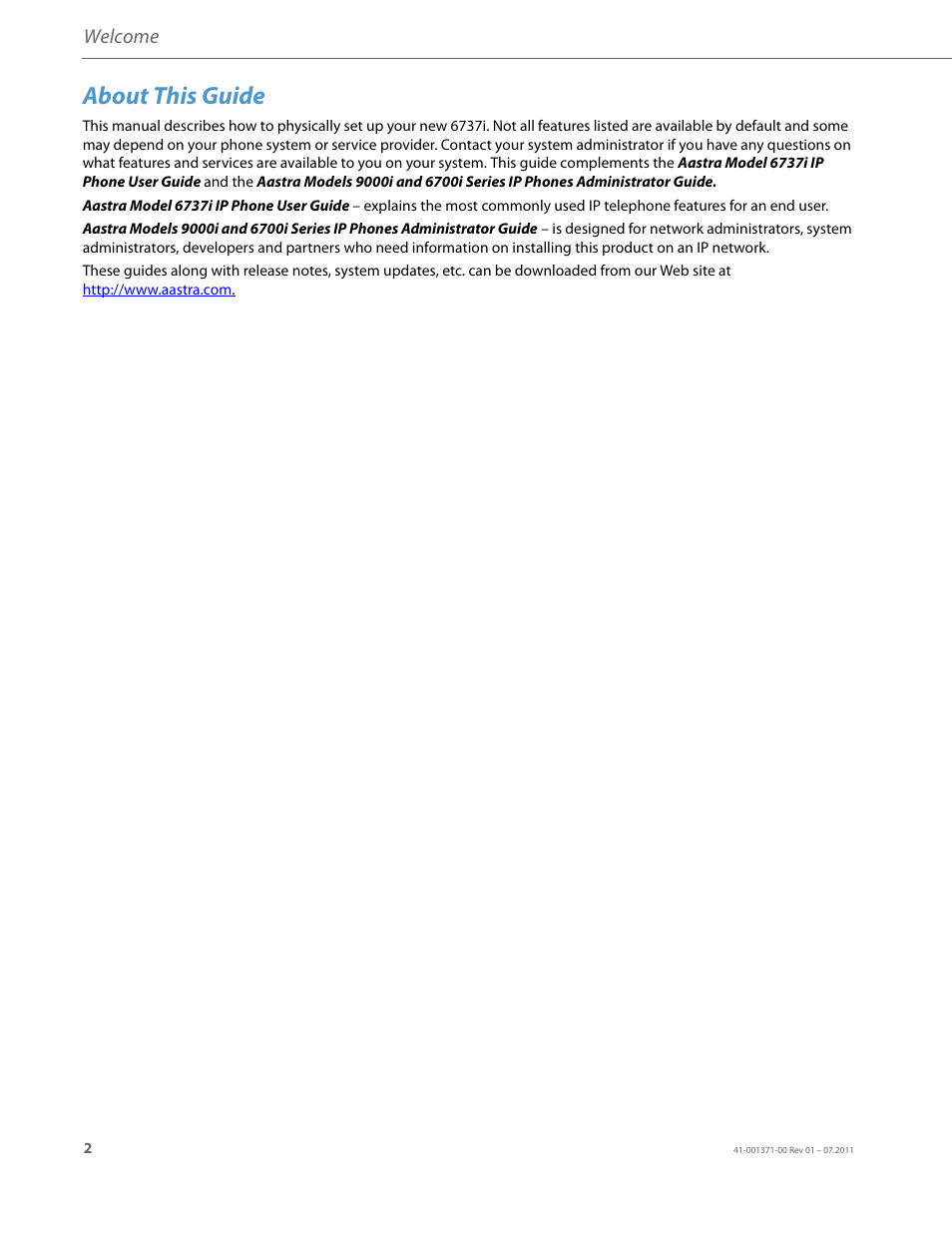 About this guide, Welcome | AASTRA 6737i Installation Guide EN User Manual | Page 6 / 28