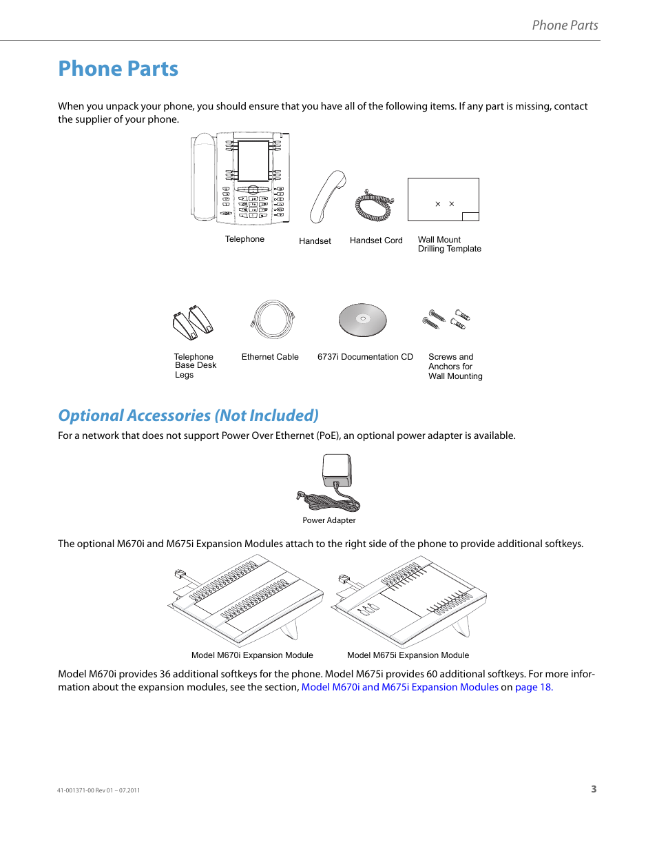 Phone parts, Optional accessories (not included) | AASTRA 6737i Installation Guide EN User Manual | Page 7 / 28