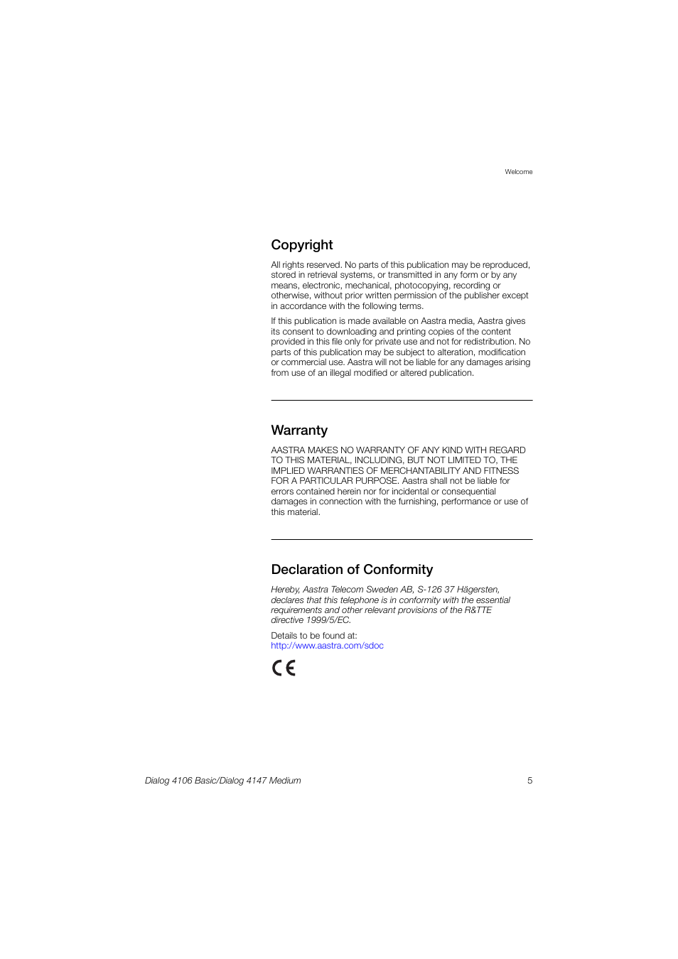 Copyright, Warranty, Declaration of conformity | AASTRA 4147 Medium for MX-ONE (TSE) User Guide EN User Manual | Page 5 / 76