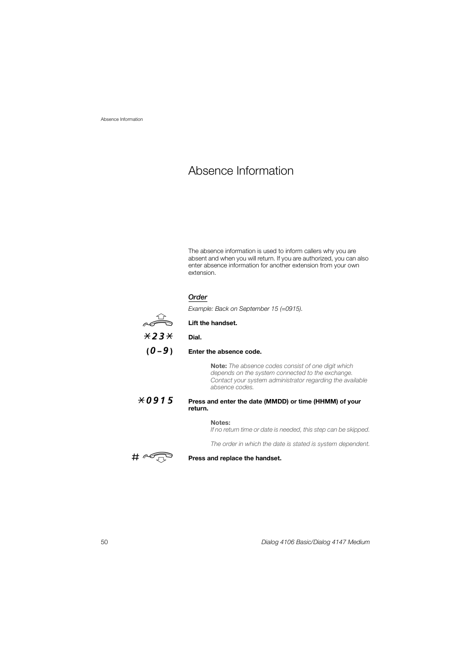 Absence information | AASTRA 4147 Medium for MX-ONE (TSE) User Guide EN User Manual | Page 50 / 76