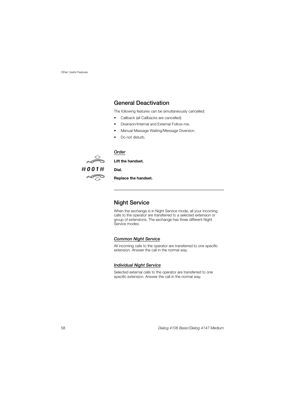 General deactivation, Night service | AASTRA 4147 Medium for MX-ONE (TSE) User Guide EN User Manual | Page 58 / 76