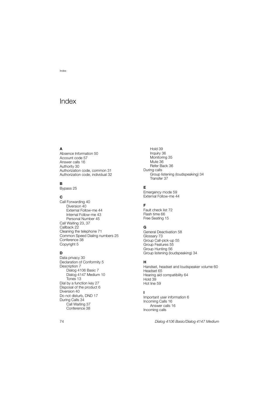 Index | AASTRA 4147 Medium for MX-ONE (TSE) User Guide EN User Manual | Page 74 / 76