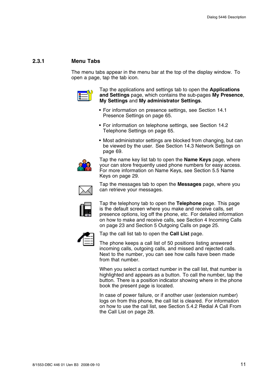 1 menu tabs | AASTRA 7446ip (5446ip) Premium for BusinessPhone User Guide EN User Manual | Page 17 / 87