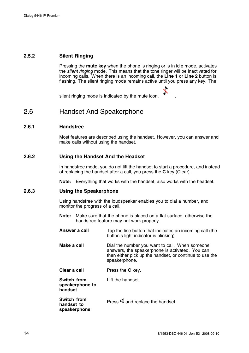 2 silent ringing, 6 handset and speakerphone, 1 handsfree | 2 using the handset and the headset, 3 using the speakerphone, Handset and speakerphone | AASTRA 7446ip (5446ip) Premium for BusinessPhone User Guide EN User Manual | Page 20 / 87