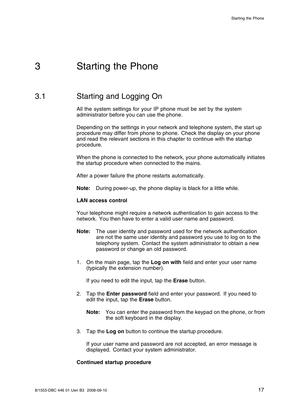 3 starting the phone, 1 starting and logging on, Starting the phone | Starting and logging on, 3starting the phone | AASTRA 7446ip (5446ip) Premium for BusinessPhone User Guide EN User Manual | Page 23 / 87