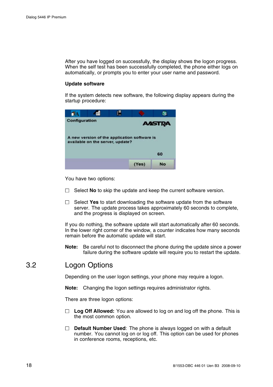 2 logon options, Logon options | AASTRA 7446ip (5446ip) Premium for BusinessPhone User Guide EN User Manual | Page 24 / 87