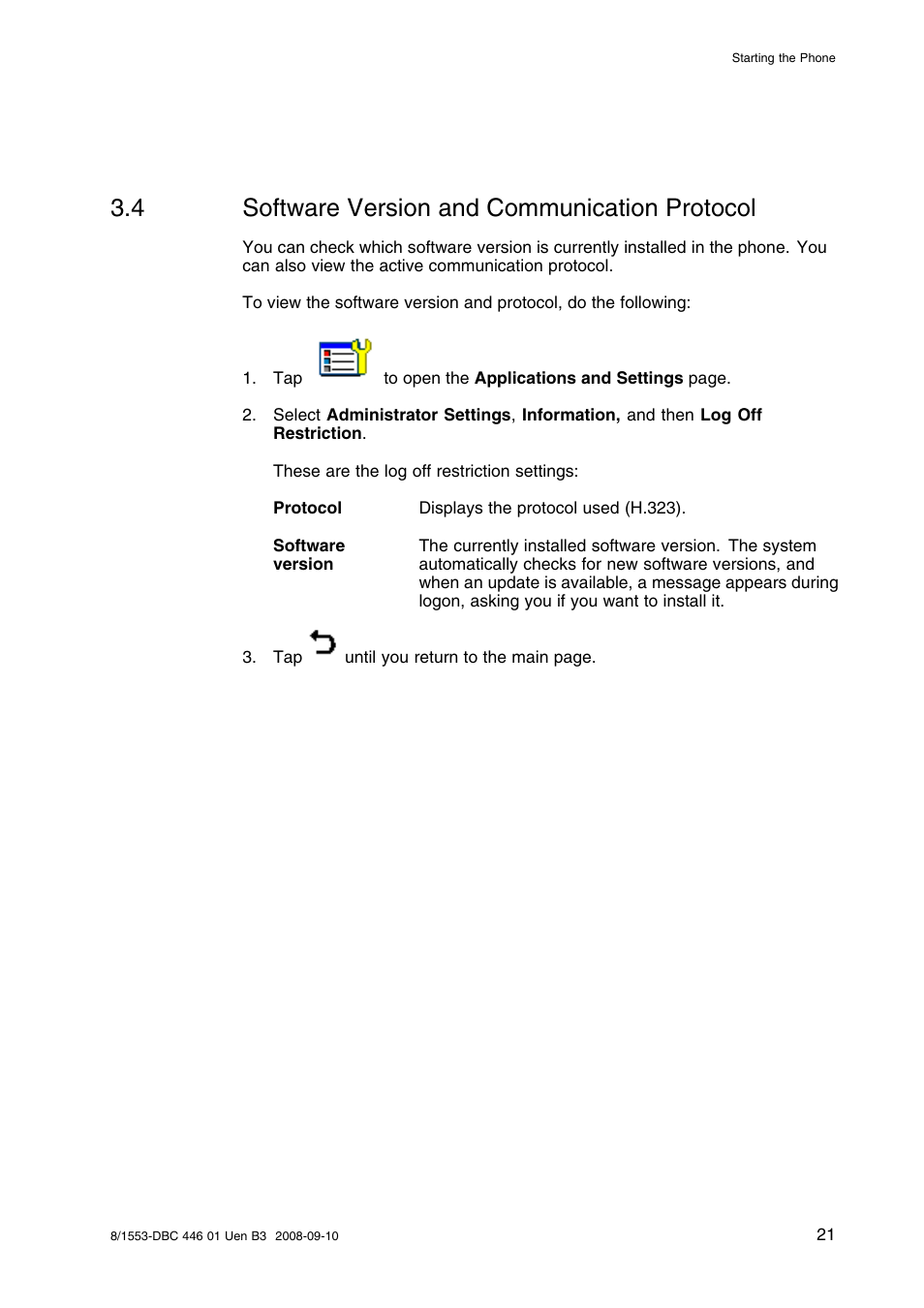 4 software version and communication protocol, Software version and communication protocol | AASTRA 7446ip (5446ip) Premium for BusinessPhone User Guide EN User Manual | Page 27 / 87