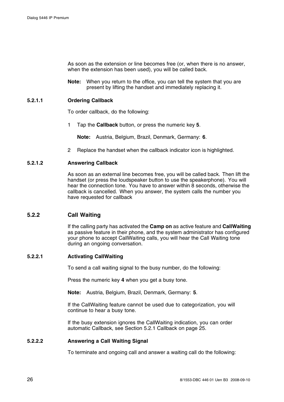 1 ordering callback, 2 answering callback, 2 call waiting | 1 activating callwaiting, 2 answering a call waiting signal | AASTRA 7446ip (5446ip) Premium for BusinessPhone User Guide EN User Manual | Page 32 / 87