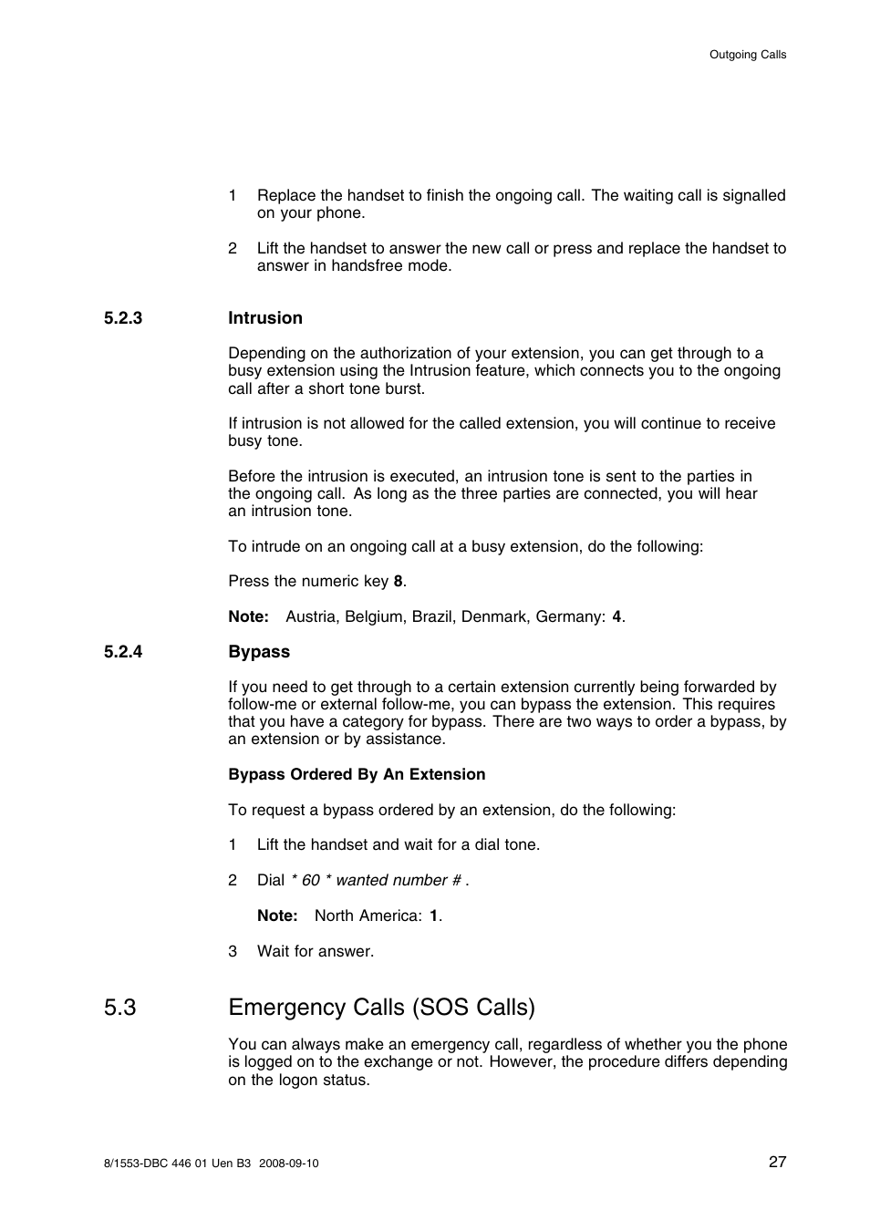 3 intrusion, 4 bypass, 3 emergency calls (sos calls) | Emergency calls (sos calls) | AASTRA 7446ip (5446ip) Premium for BusinessPhone User Guide EN User Manual | Page 33 / 87