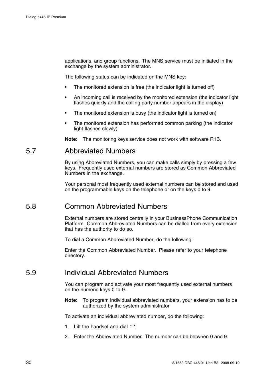 7 abbreviated numbers, 8 common abbreviated numbers, 9 individual abbreviated numbers | Abbreviated numbers, Common abbreviated numbers, Individual abbreviated numbers | AASTRA 7446ip (5446ip) Premium for BusinessPhone User Guide EN User Manual | Page 36 / 87