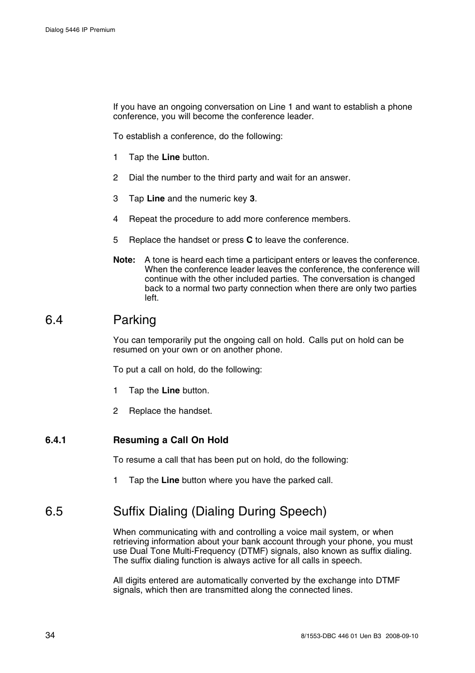 4 parking, 1 resuming a call on hold, 5 suffix dialing (dialing during speech) | Parking, Suffix dialing (dialing during speech) | AASTRA 7446ip (5446ip) Premium for BusinessPhone User Guide EN User Manual | Page 40 / 87