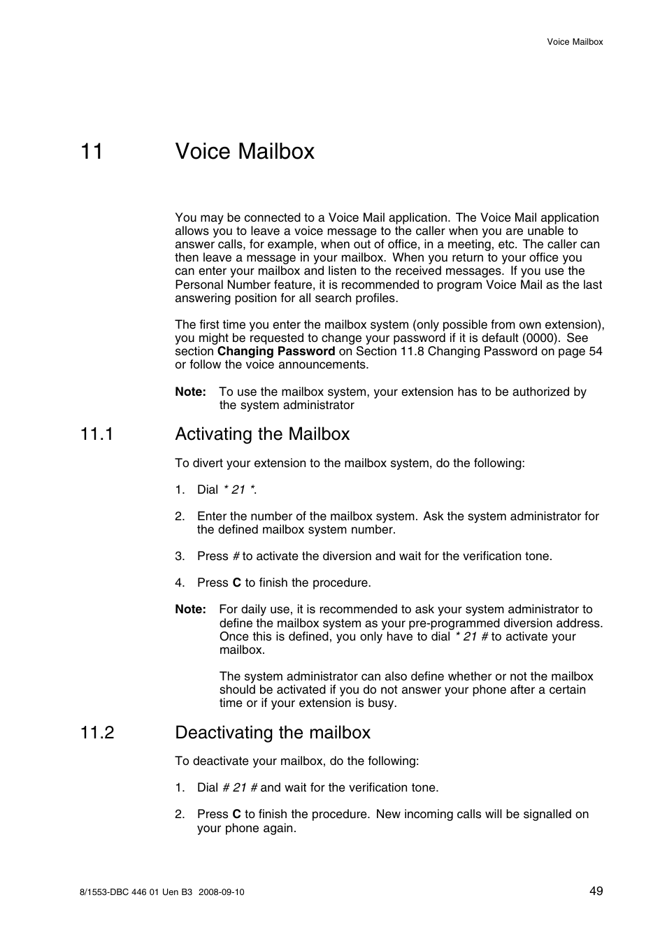 11 voice mailbox, 1 activating the mailbox, 2 deactivating the mailbox | Voice mailbox, Activating the mailbox, Deactivating the mailbox | AASTRA 7446ip (5446ip) Premium for BusinessPhone User Guide EN User Manual | Page 55 / 87