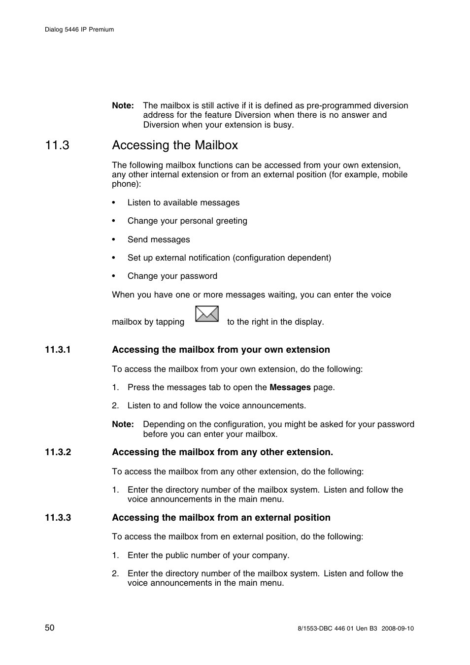 3 accessing the mailbox, 1 accessing the mailbox from your own extension, 2 accessing the mailbox from any other extension | 3 accessing the mailbox from an external position, Accessing the mailbox | AASTRA 7446ip (5446ip) Premium for BusinessPhone User Guide EN User Manual | Page 56 / 87