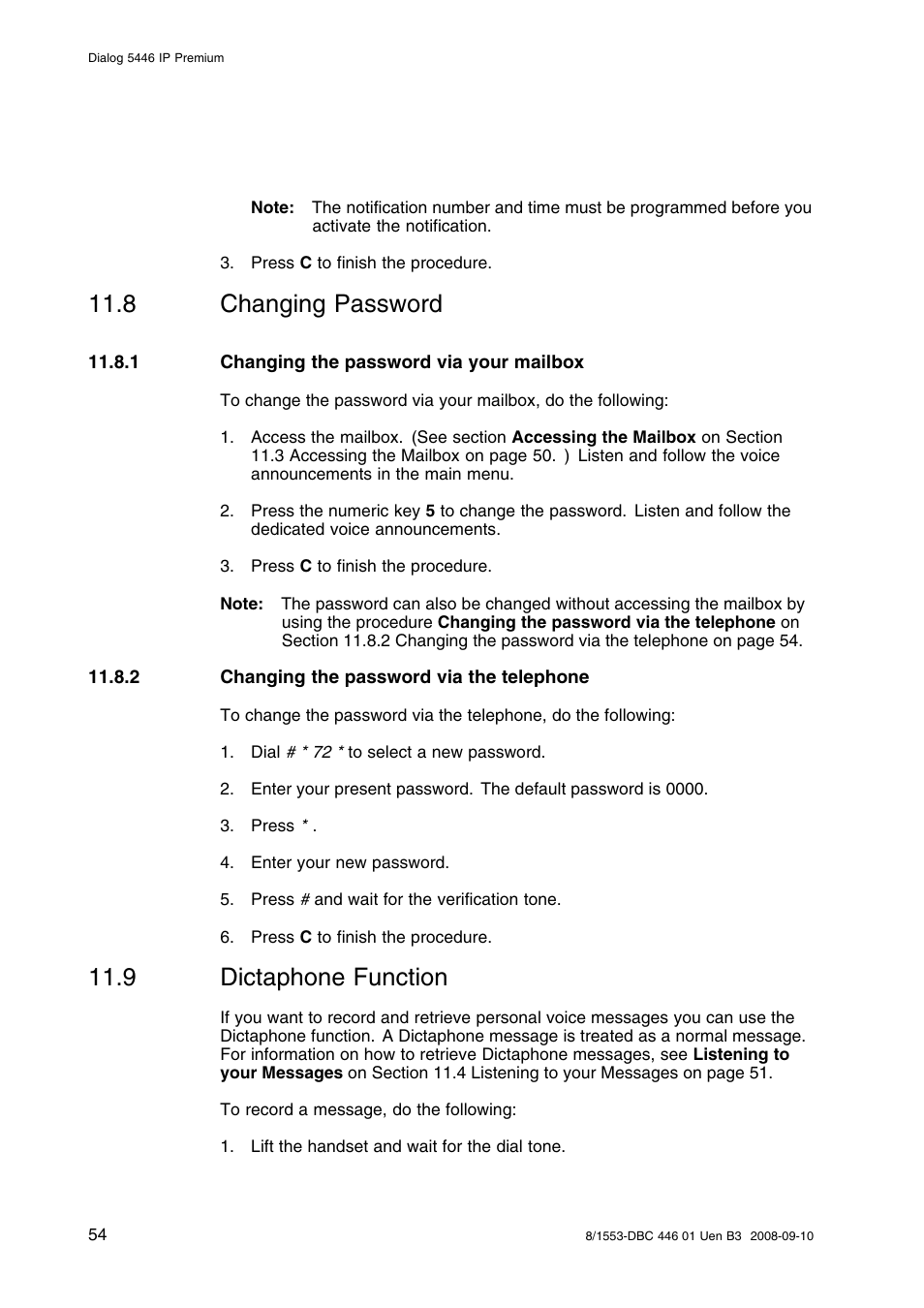 8 changing password, 1 changing the password via your mailbox, 2 changing the password via the telephone | 9 dictaphone function, Changing password, Dictaphone function | AASTRA 7446ip (5446ip) Premium for BusinessPhone User Guide EN User Manual | Page 60 / 87