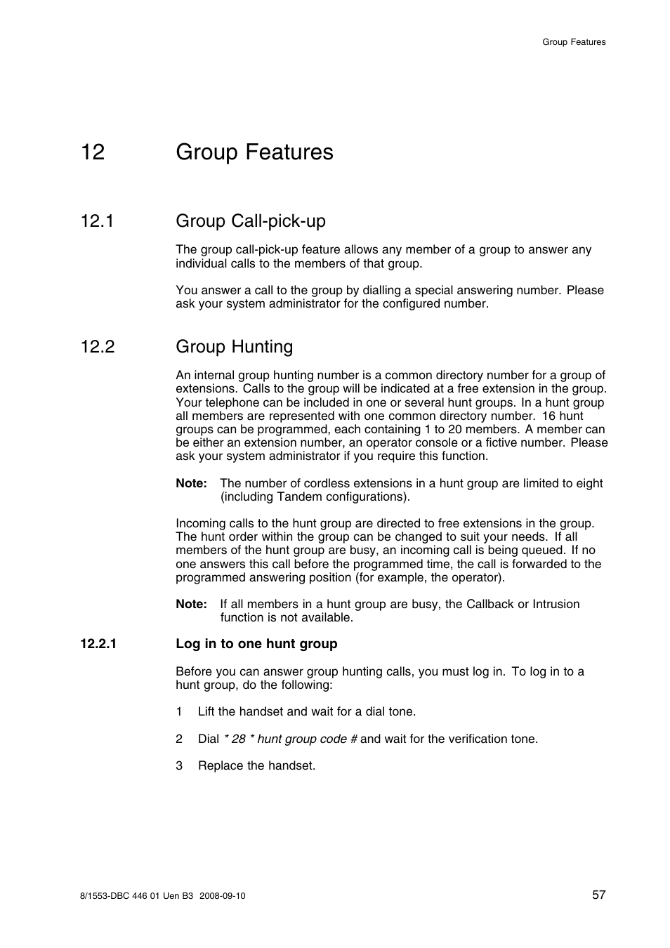 12 group features, 1 group call-pick-up, 2 group hunting | 1 log in to one hunt group, Group features, Group call-pick-up, Group hunting | AASTRA 7446ip (5446ip) Premium for BusinessPhone User Guide EN User Manual | Page 63 / 87