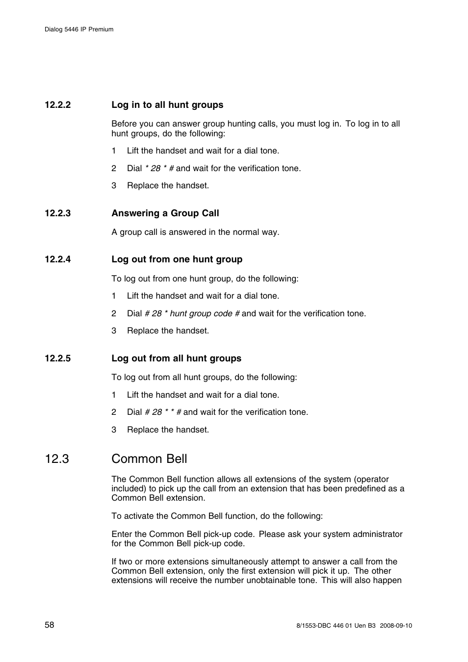 2 log in to all hunt groups, 3 answering a group call, 4 log out from one hunt group | 5 log out from all hunt groups, 3 common bell, Common bell | AASTRA 7446ip (5446ip) Premium for BusinessPhone User Guide EN User Manual | Page 64 / 87