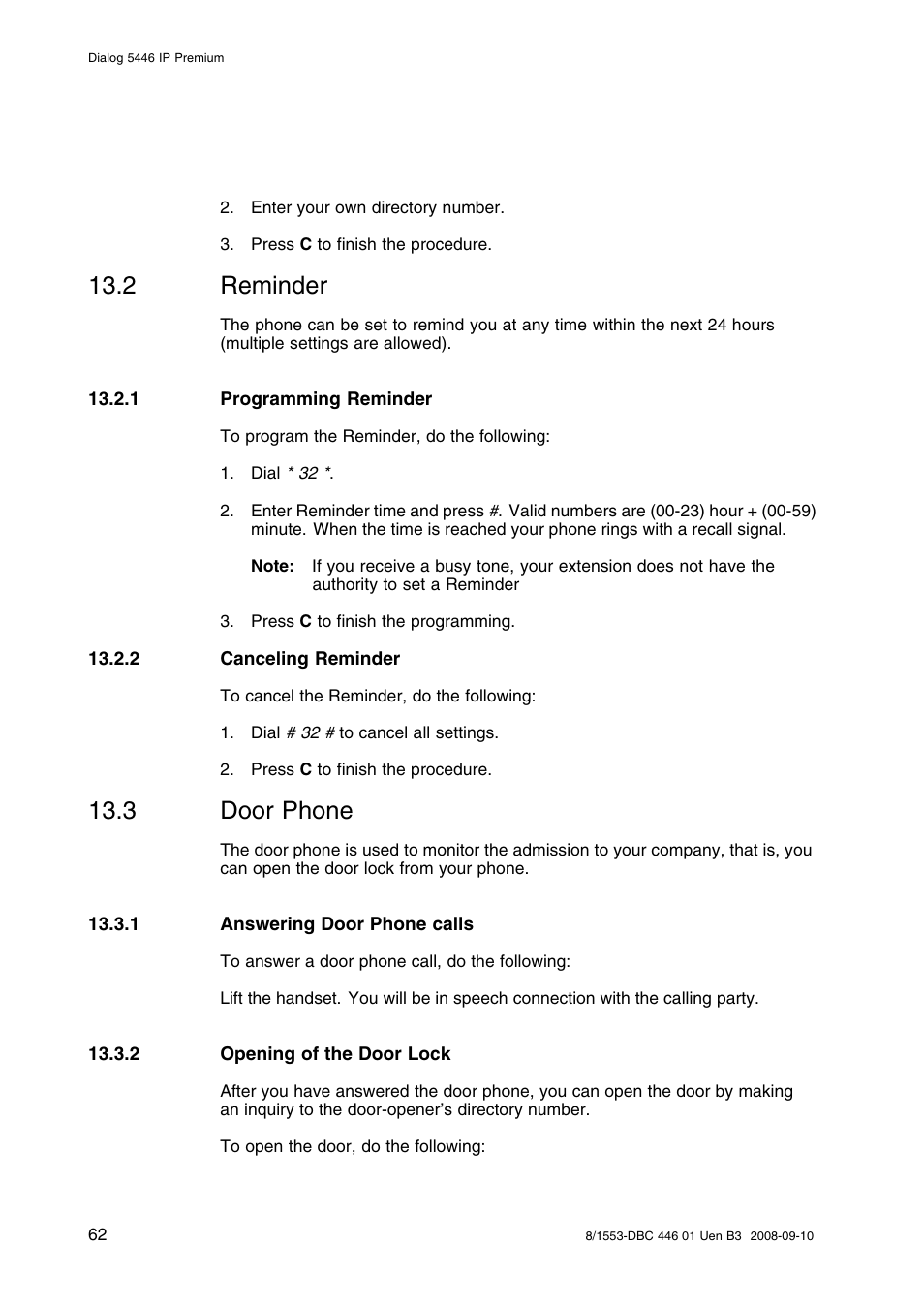 2 reminder, 1 programming reminder, 2 canceling reminder | 3 door phone, 1 answering door phone calls, 2 opening of the door lock, Reminder, Door phone | AASTRA 7446ip (5446ip) Premium for BusinessPhone User Guide EN User Manual | Page 68 / 87