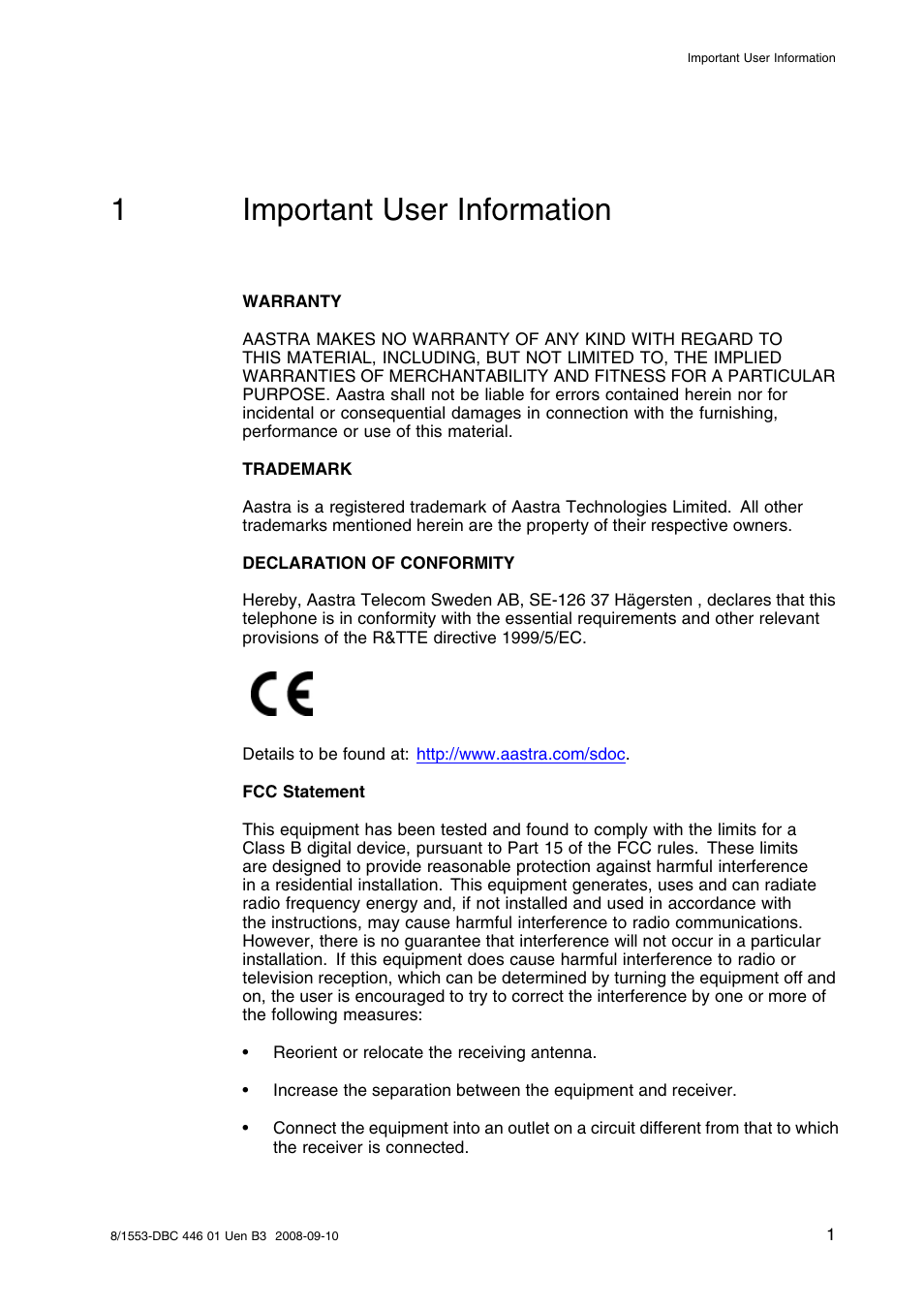 1 important user information, Important user information, 1important user information | AASTRA 7446ip (5446ip) Premium for BusinessPhone User Guide EN User Manual | Page 7 / 87