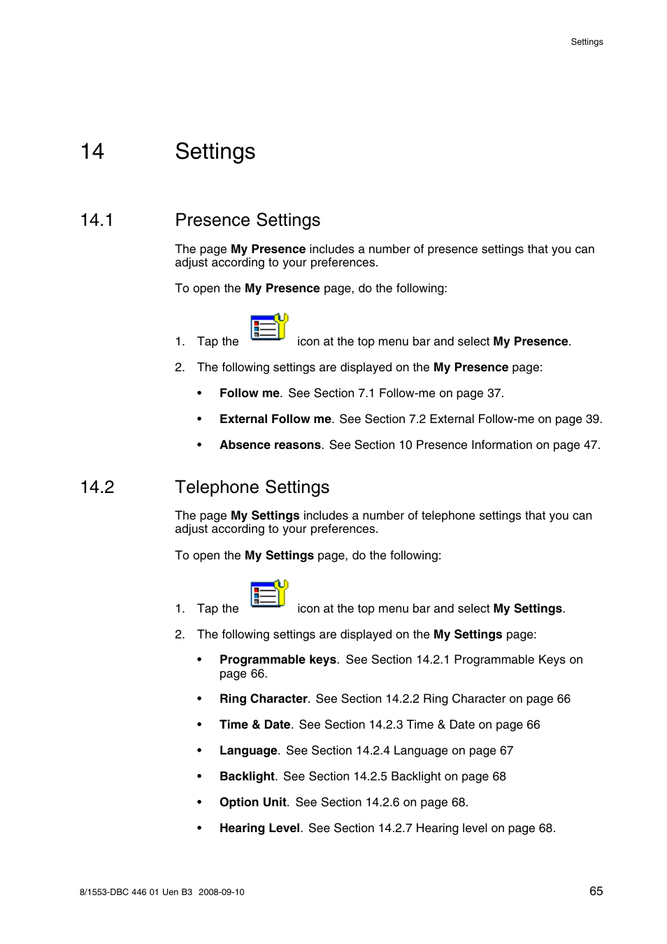 14 settings, 1 presence settings, 2 telephone settings | Settings, Presence settings, Telephone settings, Section 14.1, Section 14.2 | AASTRA 7446ip (5446ip) Premium for BusinessPhone User Guide EN User Manual | Page 71 / 87