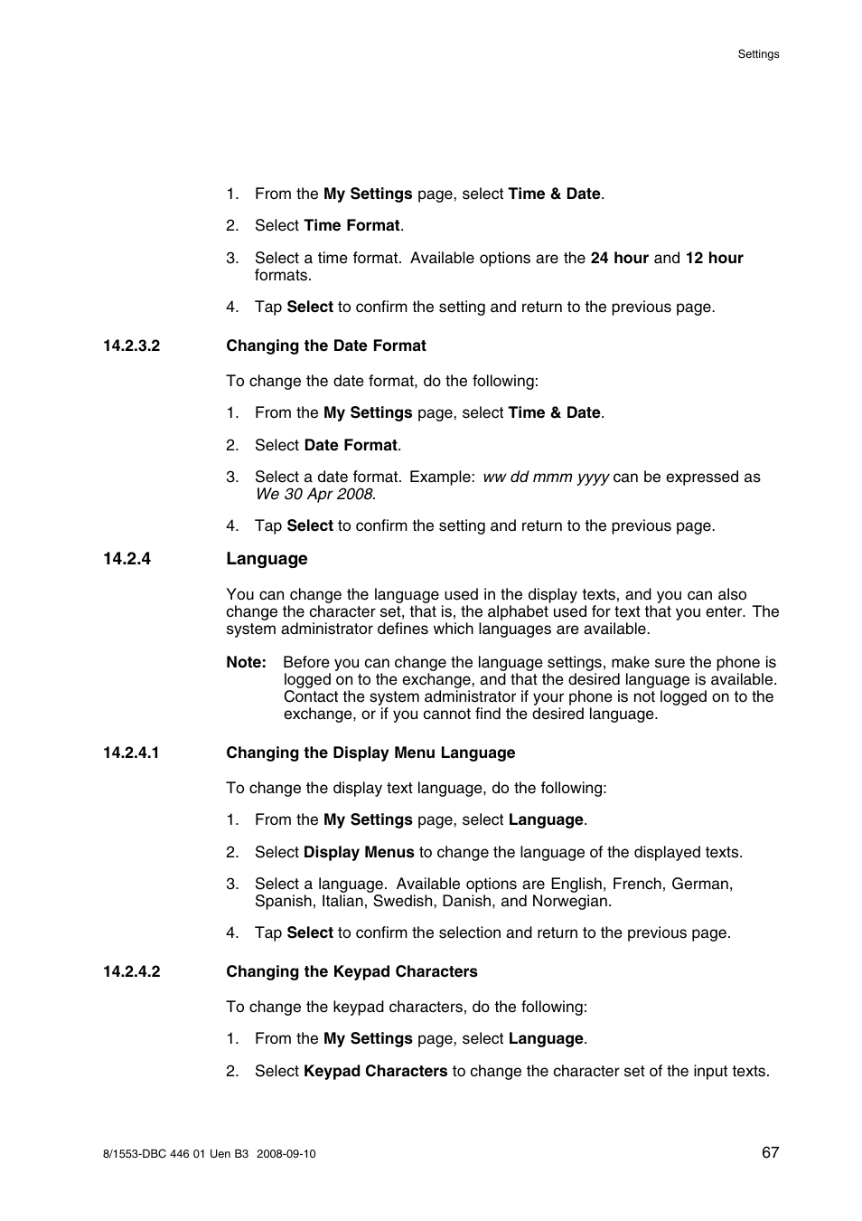 2 changing the date format, 4 language, 1 changing the display menu language | 2 changing the keypad characters | AASTRA 7446ip (5446ip) Premium for BusinessPhone User Guide EN User Manual | Page 73 / 87