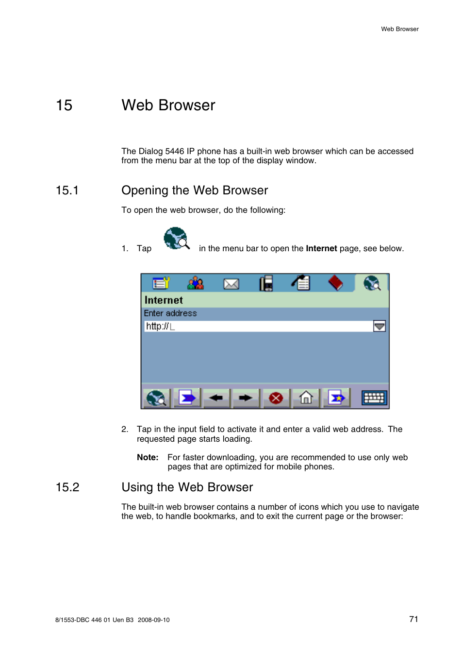 15 web browser, 1 opening the web browser, 2 using the web browser | Web browser, Opening the web browser, Using the web browser | AASTRA 7446ip (5446ip) Premium for BusinessPhone User Guide EN User Manual | Page 77 / 87