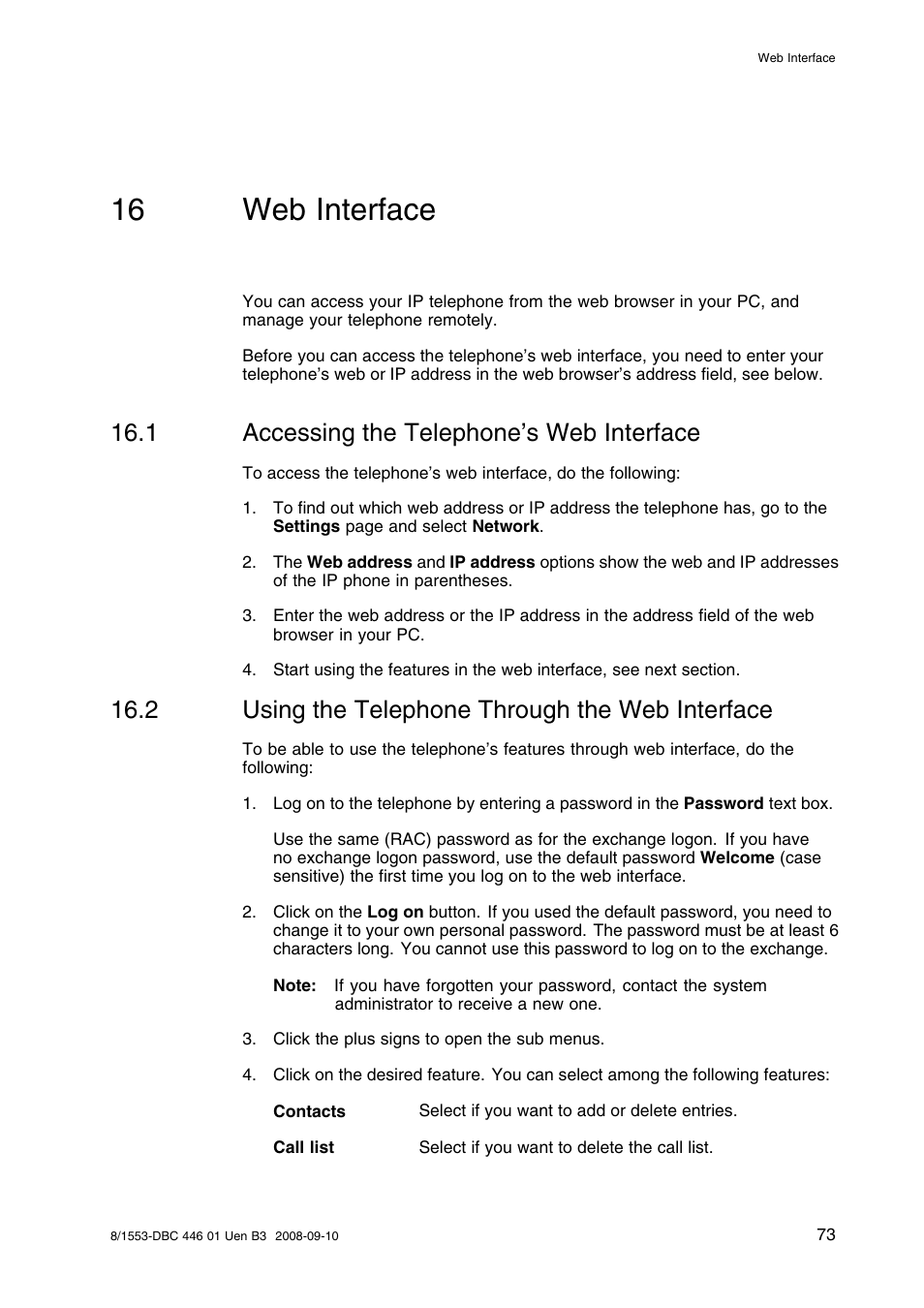 16 web interface, 1 accessing the telephone's web interface, 2 using the telephone through the web interface | Web interface, Accessing the telephone’s web interface, Using the telephone through the web interface, 1 accessing the telephone’s web interface | AASTRA 7446ip (5446ip) Premium for BusinessPhone User Guide EN User Manual | Page 79 / 87