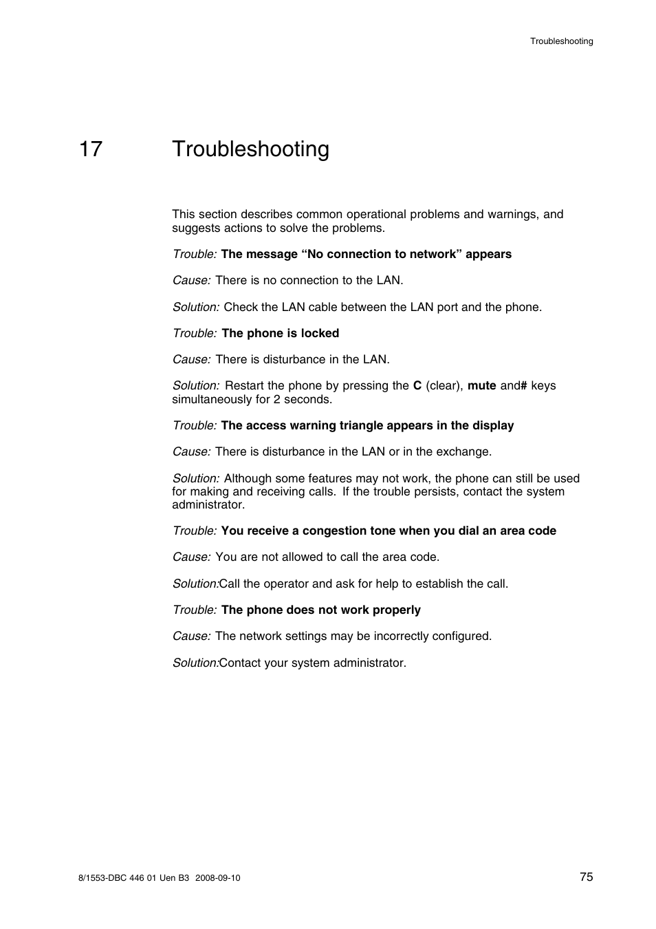 17 troubleshooting, Troubleshooting | AASTRA 7446ip (5446ip) Premium for BusinessPhone User Guide EN User Manual | Page 81 / 87
