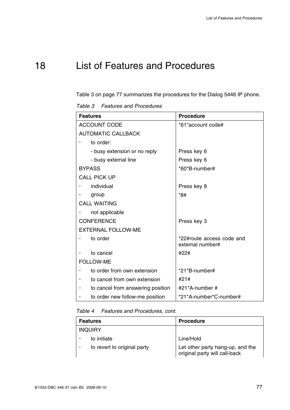 18 list of features and procedures, List of features and procedures | AASTRA 7446ip (5446ip) Premium for BusinessPhone User Guide EN User Manual | Page 83 / 87