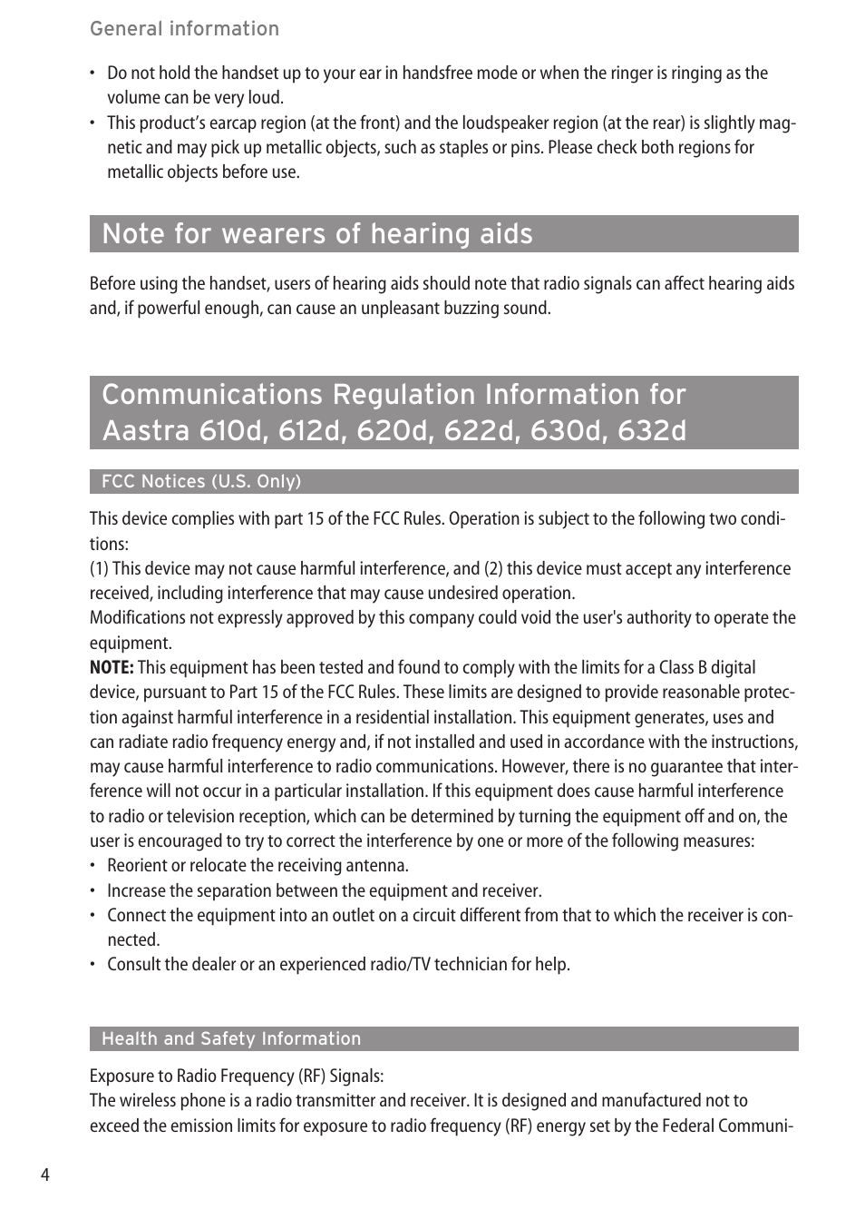 Note for wearers of hearing aids, Aastra 610d, 612d, 620d, 622d, 630d, 632d, Fcc notices (u.s. only) | Health and safety information, Fcc notices (u.s. only) …………………………………………………………………4 | AASTRA 600c_d for SIP-DECT User Manual EN User Manual | Page 10 / 108