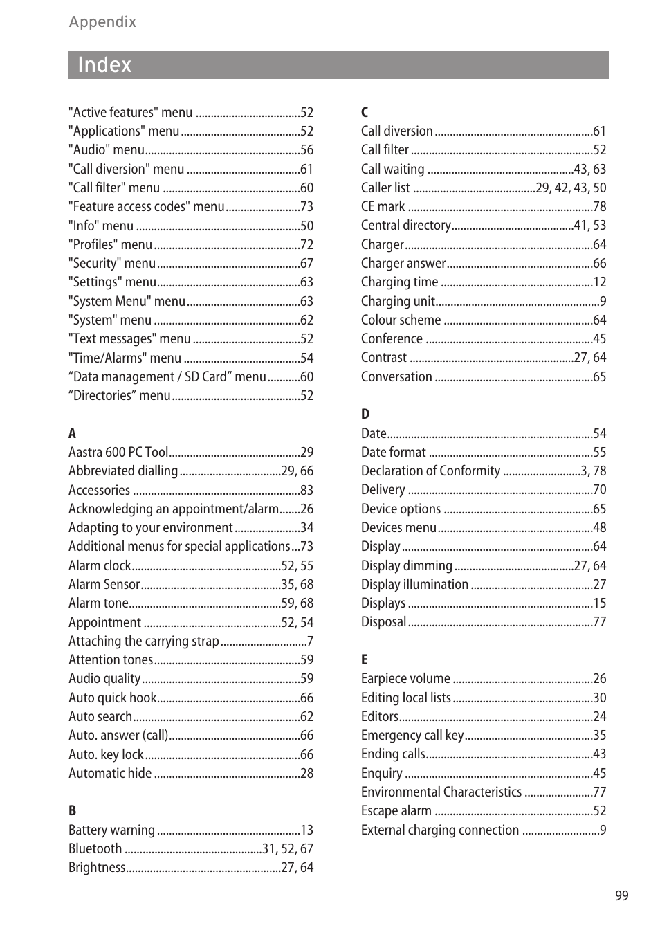 Index | AASTRA 600c_d for SIP-DECT User Manual EN User Manual | Page 105 / 108