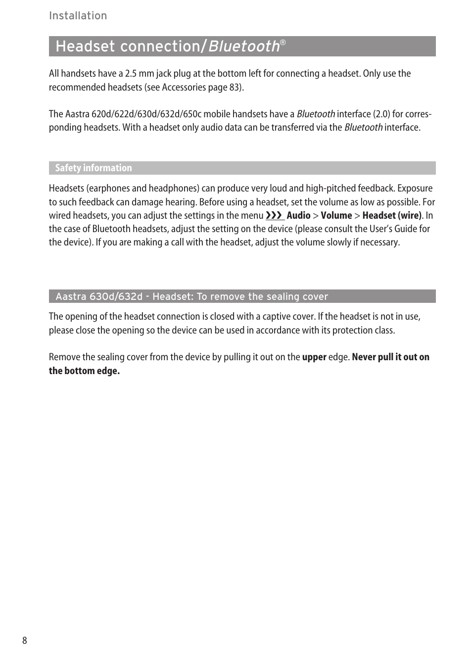 Headset connection/bluetooth, Bluetooth, Headset connection | AASTRA 600c_d for SIP-DECT User Manual EN User Manual | Page 14 / 108