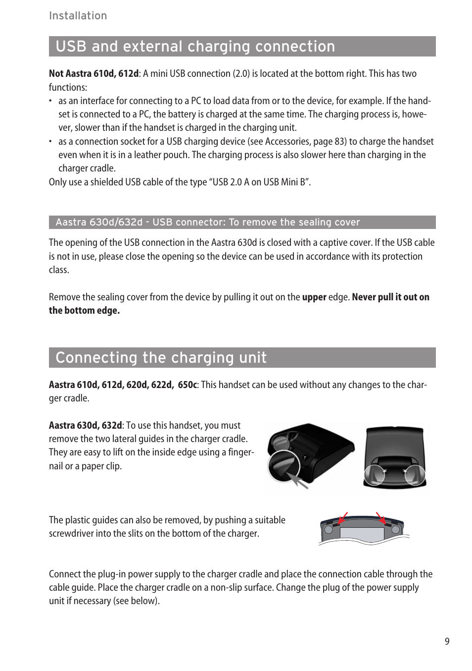 Usb and external charging connection, Connecting the charging unit | AASTRA 600c_d for SIP-DECT User Manual EN User Manual | Page 15 / 108