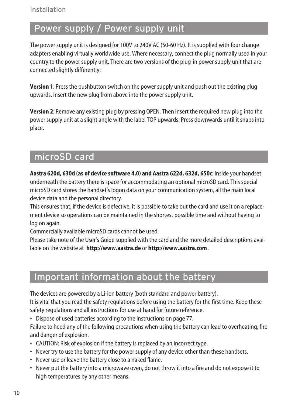 Power supply / power supply unit, Microsd card, Important information about the battery | Microsd card ……………………………………………………………………………10 | AASTRA 600c_d for SIP-DECT User Manual EN User Manual | Page 16 / 108
