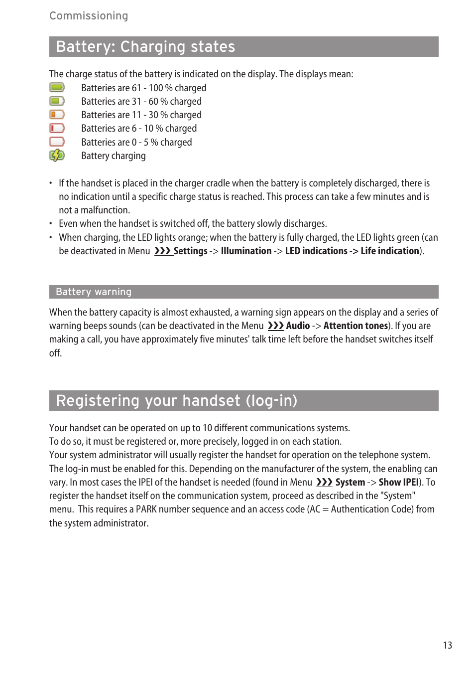 Battery: charging states, Battery warning, Registering your handset (log-in) | Battery warning ………………………………………………………………………13 | AASTRA 600c_d for SIP-DECT User Manual EN User Manual | Page 19 / 108