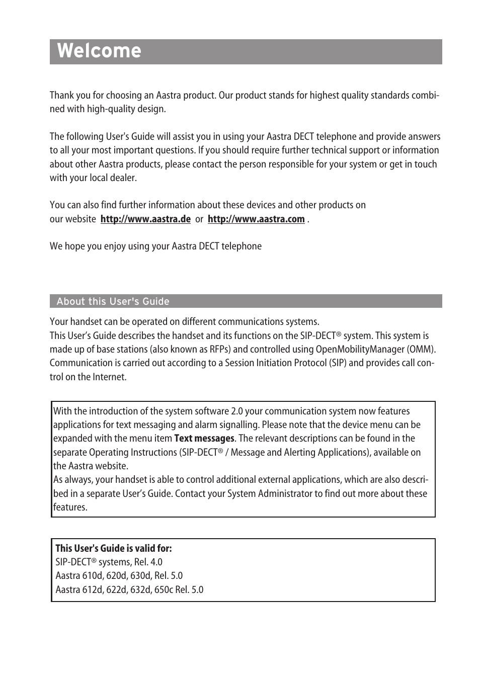 Welcome, About this user's guide | AASTRA 600c_d for SIP-DECT User Manual EN User Manual | Page 2 / 108