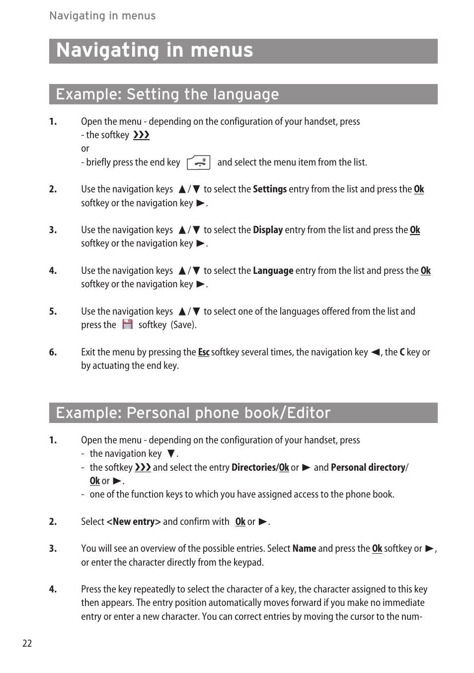 Navigating in menus, Example: setting the language, Example: personal phone book/editor | AASTRA 600c_d for SIP-DECT User Manual EN User Manual | Page 28 / 108