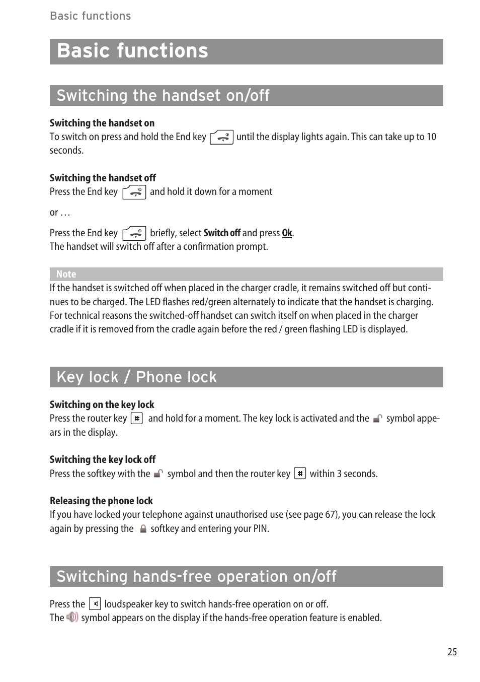 Basic functions, Switching the handset on/off, Key lock / phone lock | Switching hands-free operation on/off | AASTRA 600c_d for SIP-DECT User Manual EN User Manual | Page 31 / 108