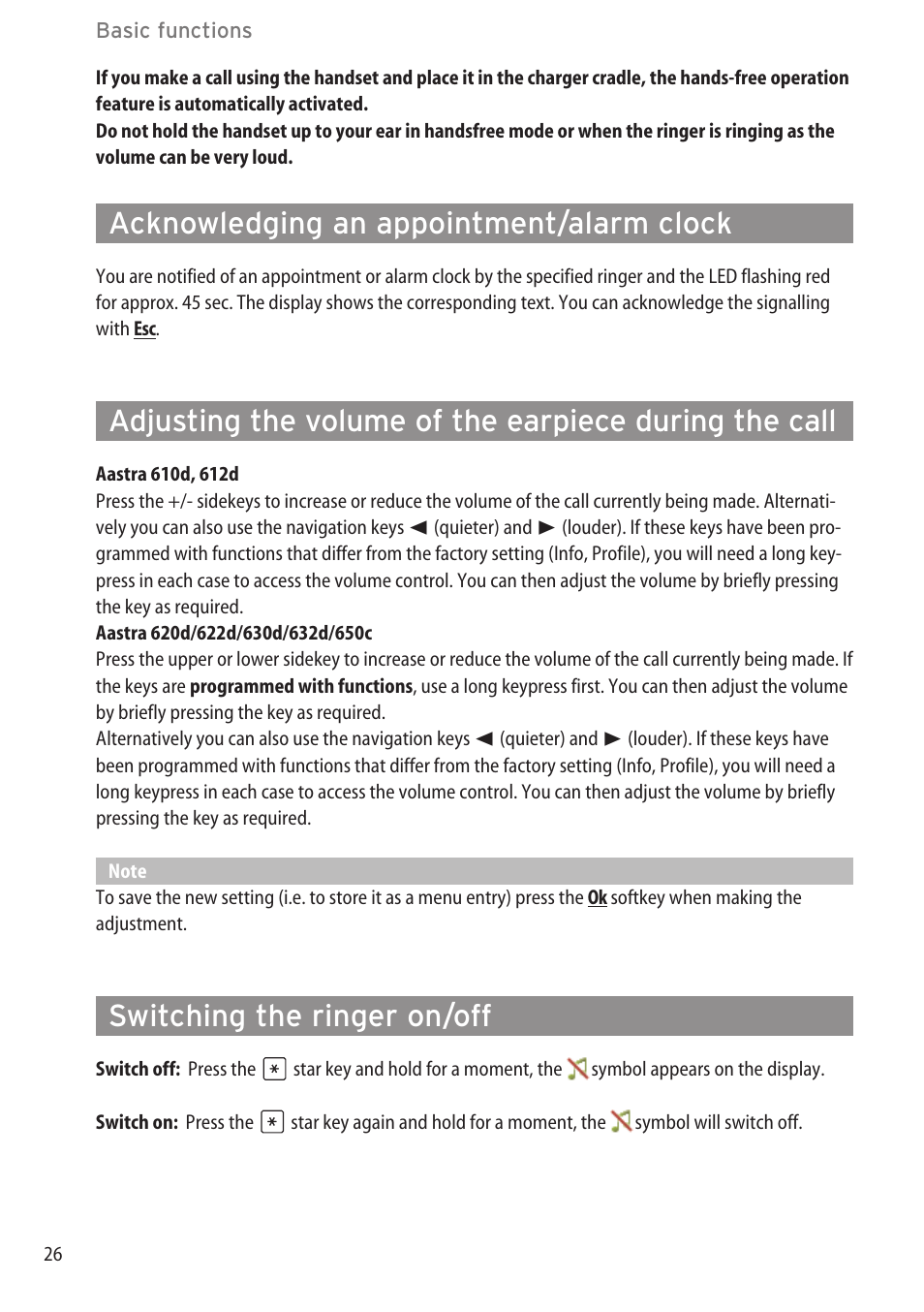 Acknowledging an appointment/alarm clock, Switching the ringer on/off | AASTRA 600c_d for SIP-DECT User Manual EN User Manual | Page 32 / 108