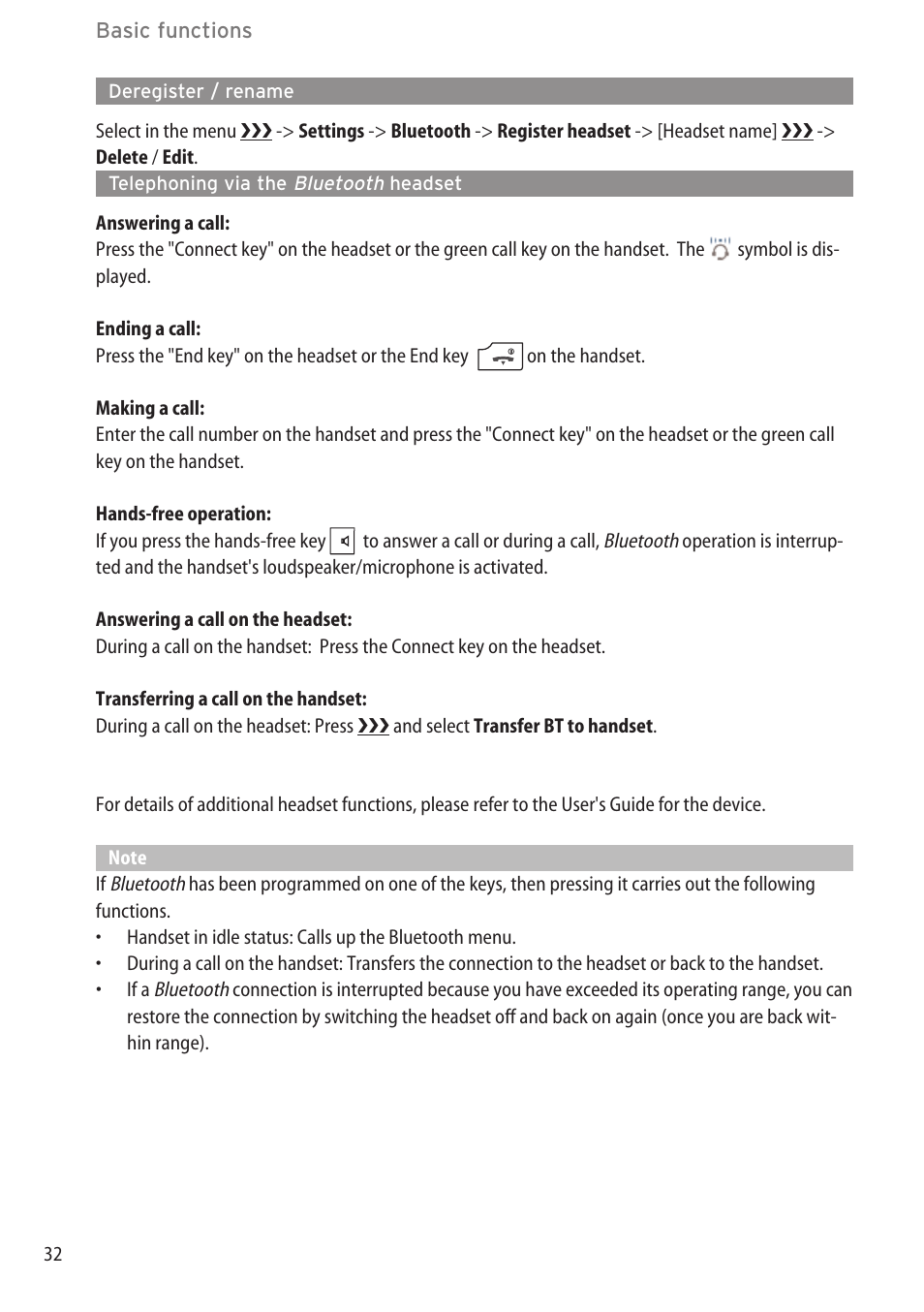 Deregister / rename, Telephoning via the bluetooth headset | AASTRA 600c_d for SIP-DECT User Manual EN User Manual | Page 38 / 108